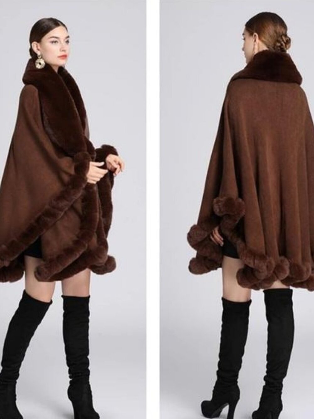 Rachel Zoe Chocolate Brown Faux Fur-Trim Cape